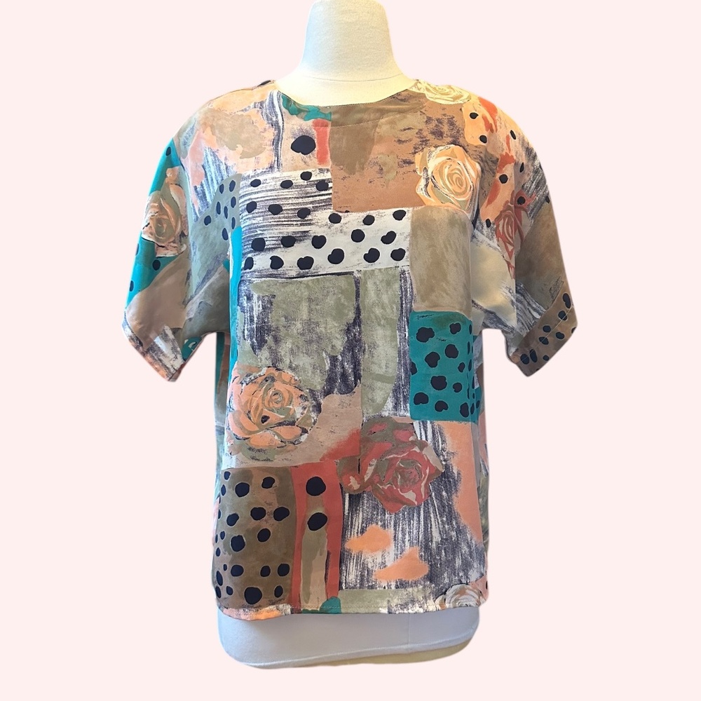 Vintage 80's coquette pastel blouse with roses and polka dots‎ size medium